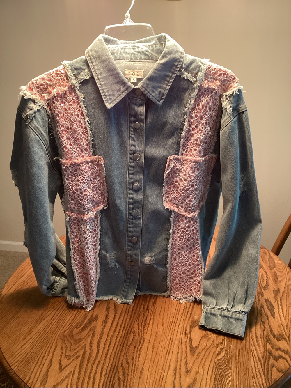 POL Denim Jacket with Pink Crochet Trim